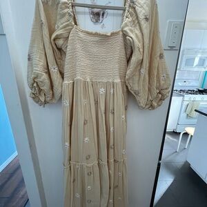 Free People Boho Smocked Maxi Dress in Cream/Yellow with Puff Sleeves